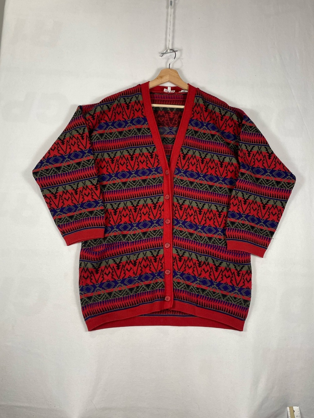 Vintage Rodier Pure Wool Pattern Button Sweater Cardigan Red Made In Brazil Sz L